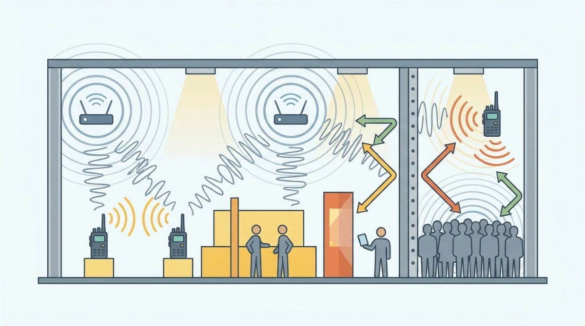 Illustration showing common sources of radio interference in crowded venues including Wi-Fi radios and metal structures Illustration showing common sources of radio interference in crowded venues including Wi-Fi radios and metal structures