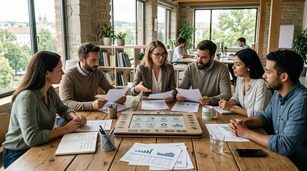 European procurement team reviewing supplier environmental compliance documents European procurement team reviewing supplier environmental compliance documents