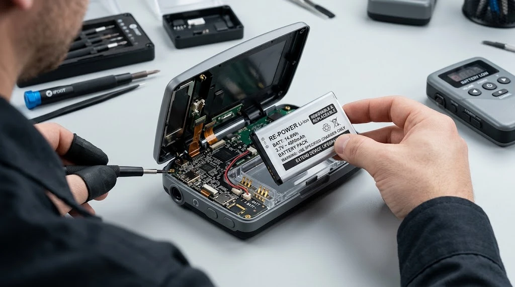 Replaceable battery design in a tour guide system receiver Replaceable battery design in a tour guide system receiver