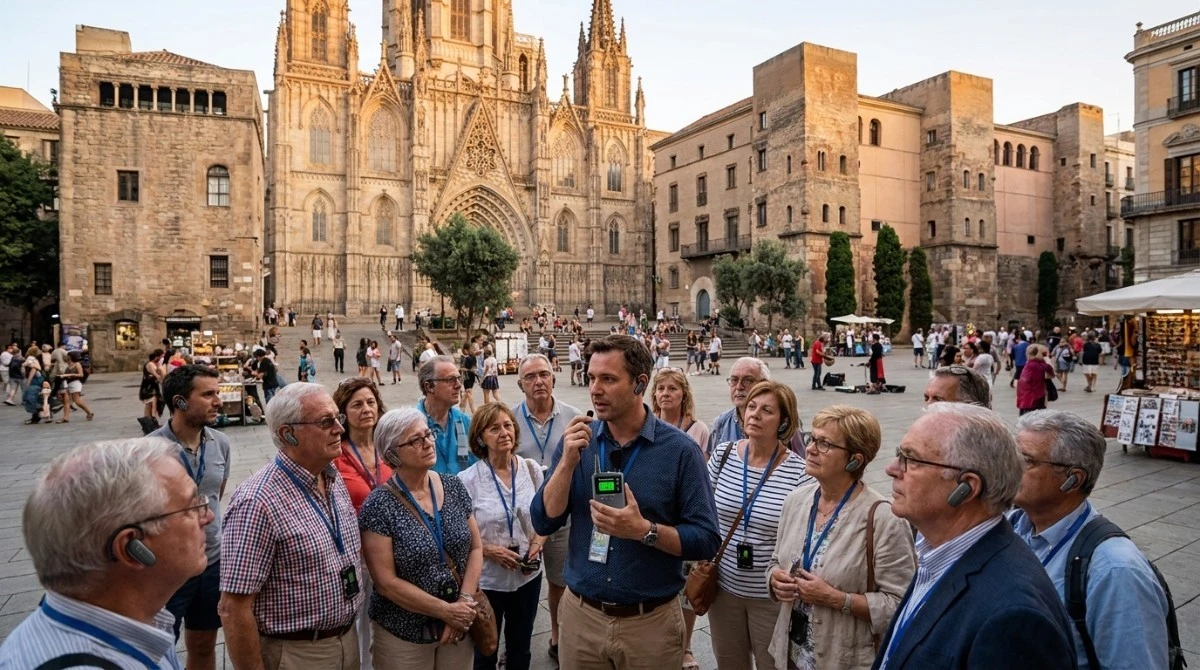 Tour guide leading group with wireless Tour guide system through crowded historic city square Tour guide leading group with wireless Tour guide system through crowded historic city square